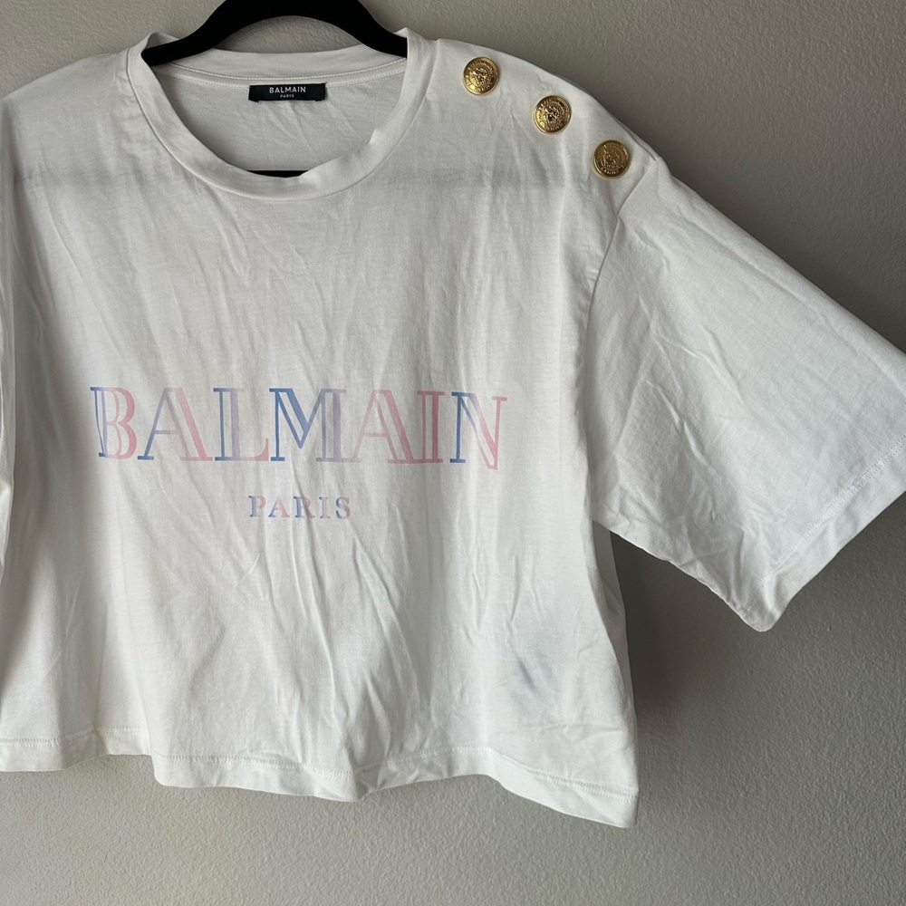 Balmain White Cropped Tee with Gold Accents